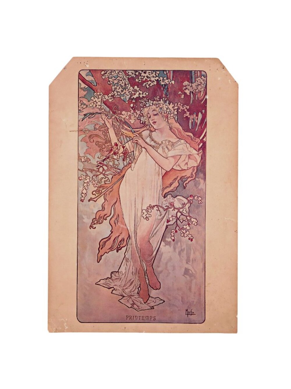 Vintage Mucha “Printemps” Lithograph Print, 17.5x12, Trimmed Corners